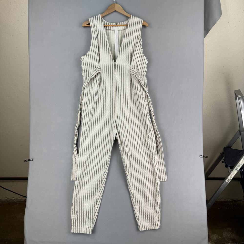 Handmade Striped Jumpsuit Womens Medium White Blue Sleeveless V Neck Summer